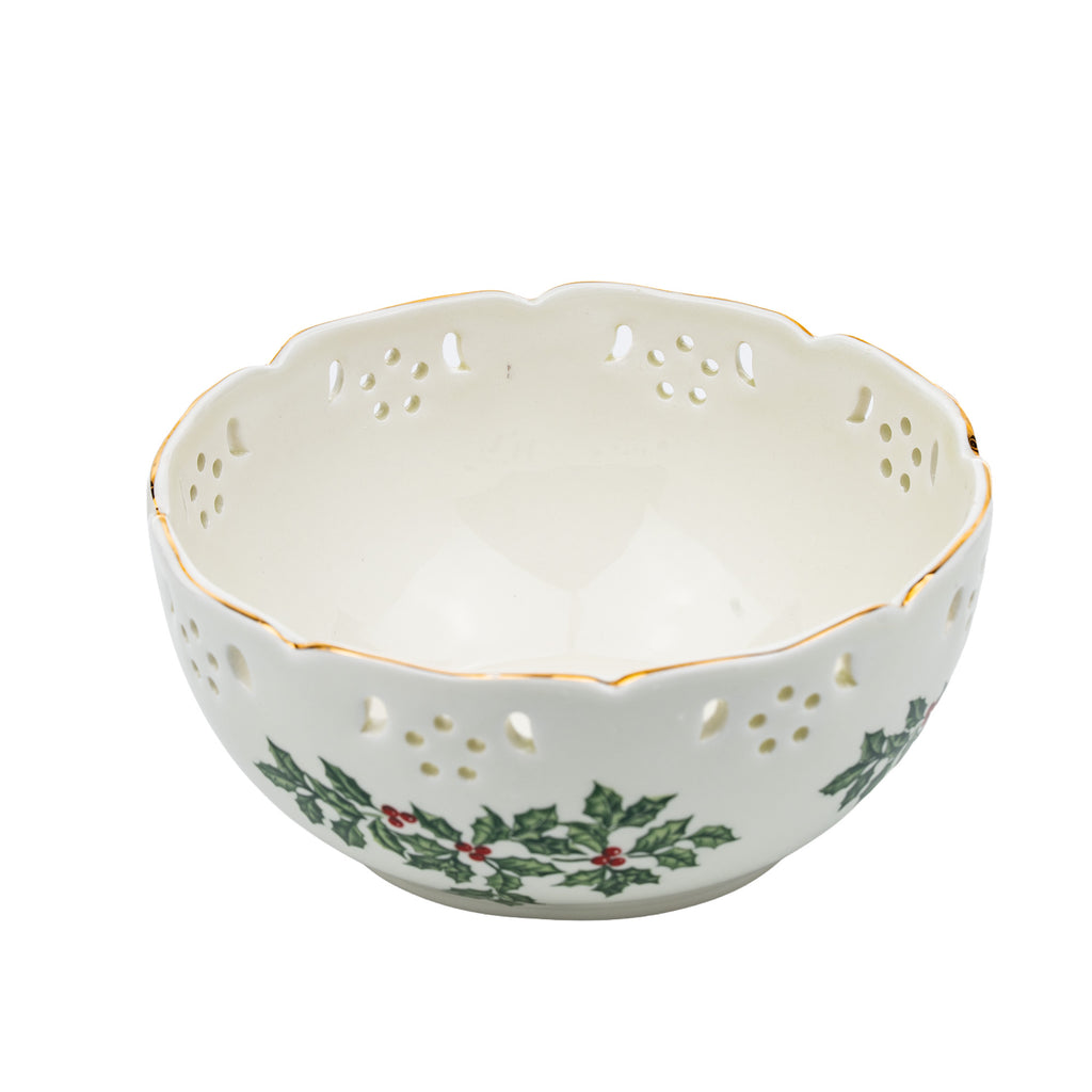 Baum Brothers Formalities Holly (Gold Trim) Pierced Bowl - Scalloped