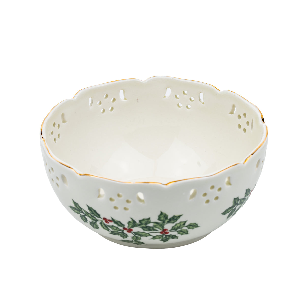 Baum Brothers Formalities Holly (Gold Trim) Pierced Bowl - Scalloped