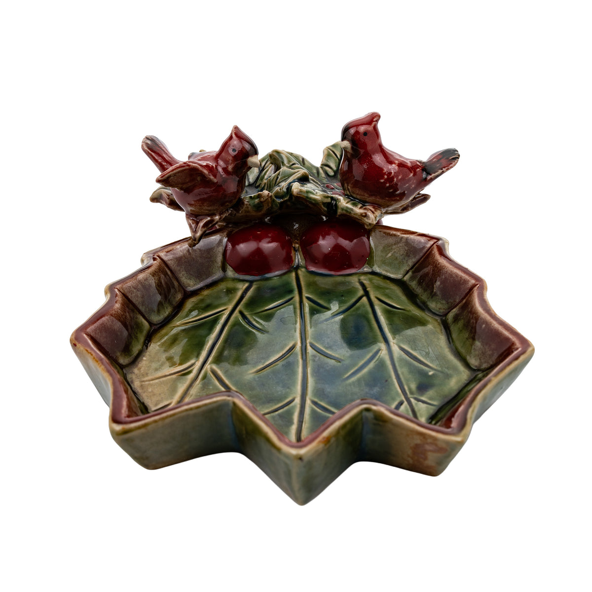 Brighten the Season Holly Leaf Dish - Two Red Cardinals