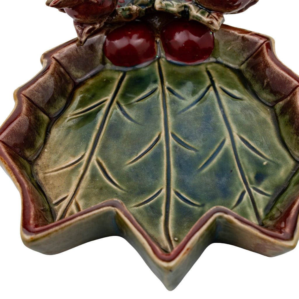 Brighten the Season Holly Leaf Dish - Two Red Cardinals