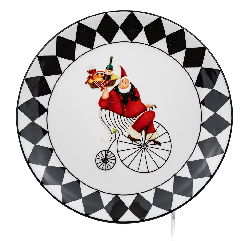Santa Claus on a Penny-Farthing Christmas Plate - Diamond Border
