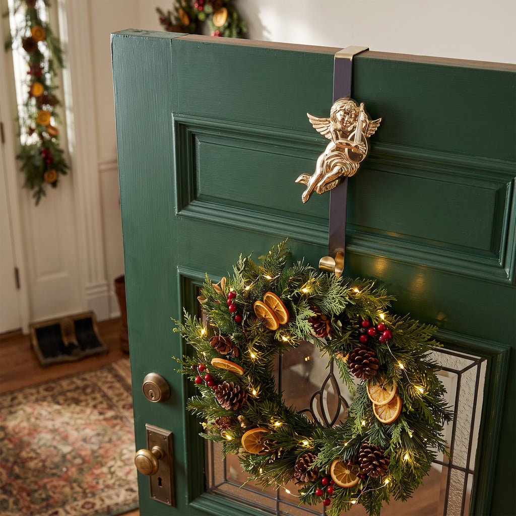 Gold-Tone Cherub Musician Over-the-Door Wreath Hanger - Winged Relief