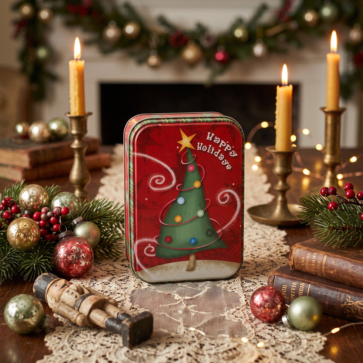 Sharla Fults Happy Holidays Christmas Tree Tin - Striped Border