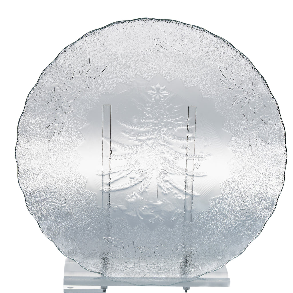 Clear Glass Christmas Tree and Holly Serving Plate - Scalloped Rim