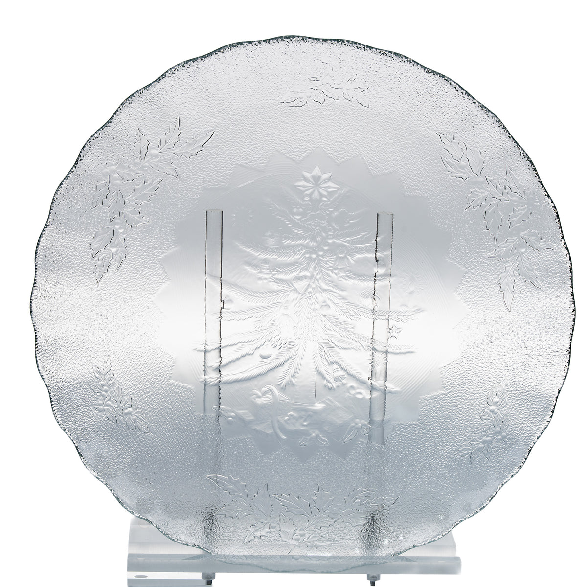 Clear Glass Christmas Tree and Holly Serving Plate - Scalloped Rim