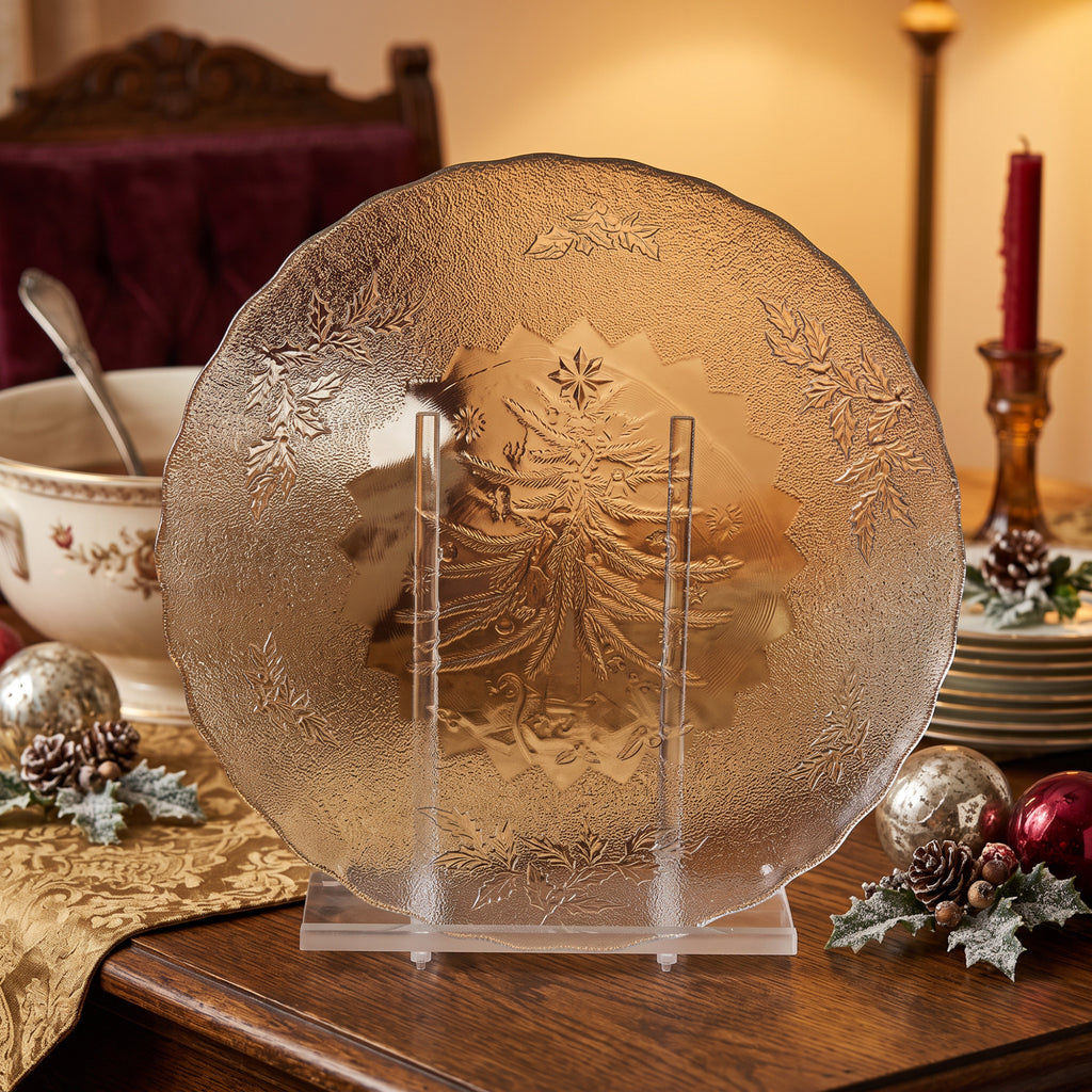 Clear Glass Christmas Tree and Holly Serving Plate - Scalloped Rim