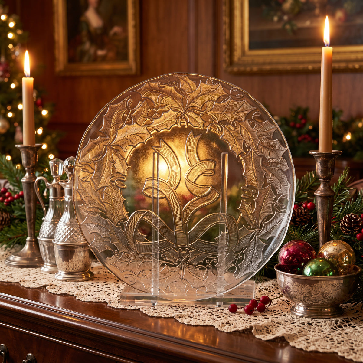 Arcoroc Holly Wreath Clear Glass Christmas Serving Platter