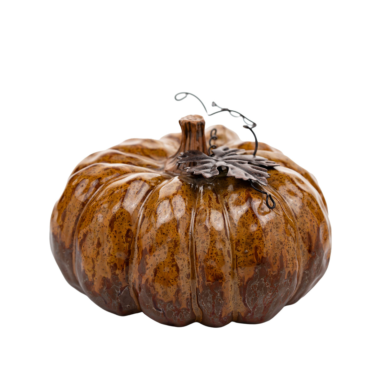 Amber-Brown Decorative Pumpkin - Metal Leaf and Curling Tendrils