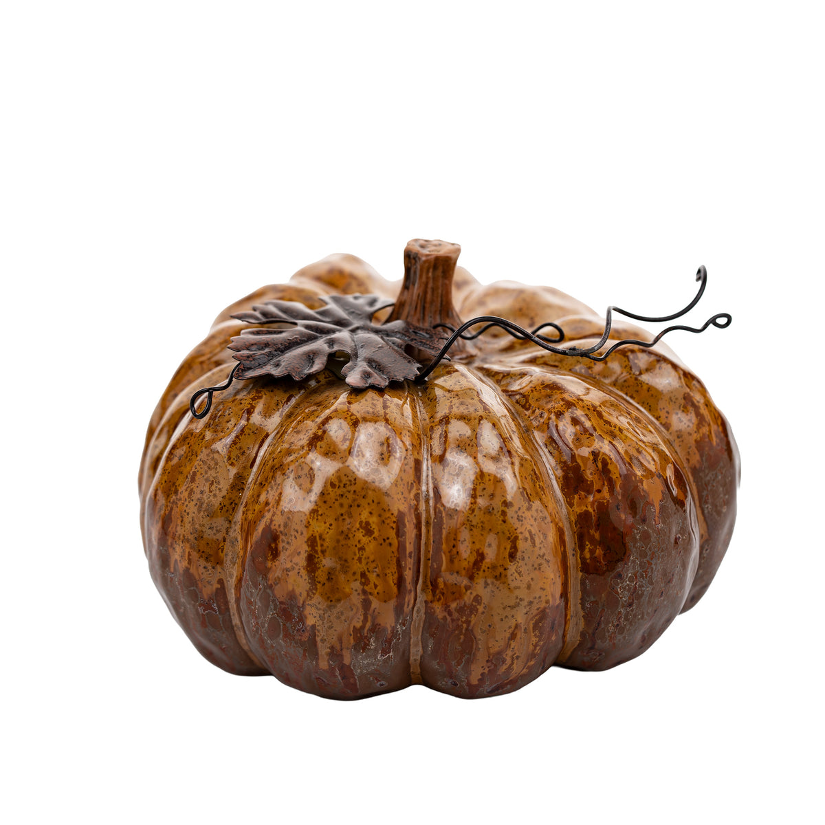 Amber-Brown Decorative Pumpkin - Metal Leaf and Curling Tendrils