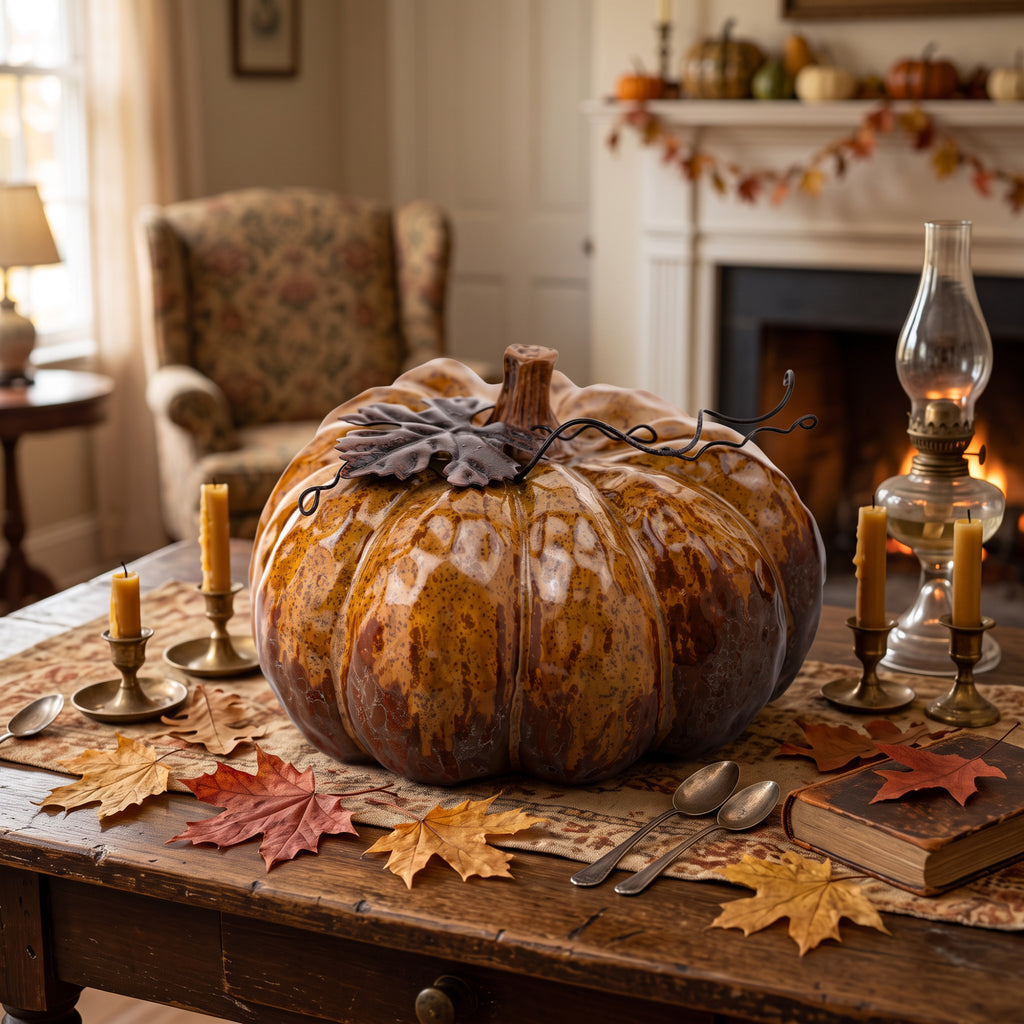 Amber-Brown Decorative Pumpkin - Metal Leaf and Curling Tendrils