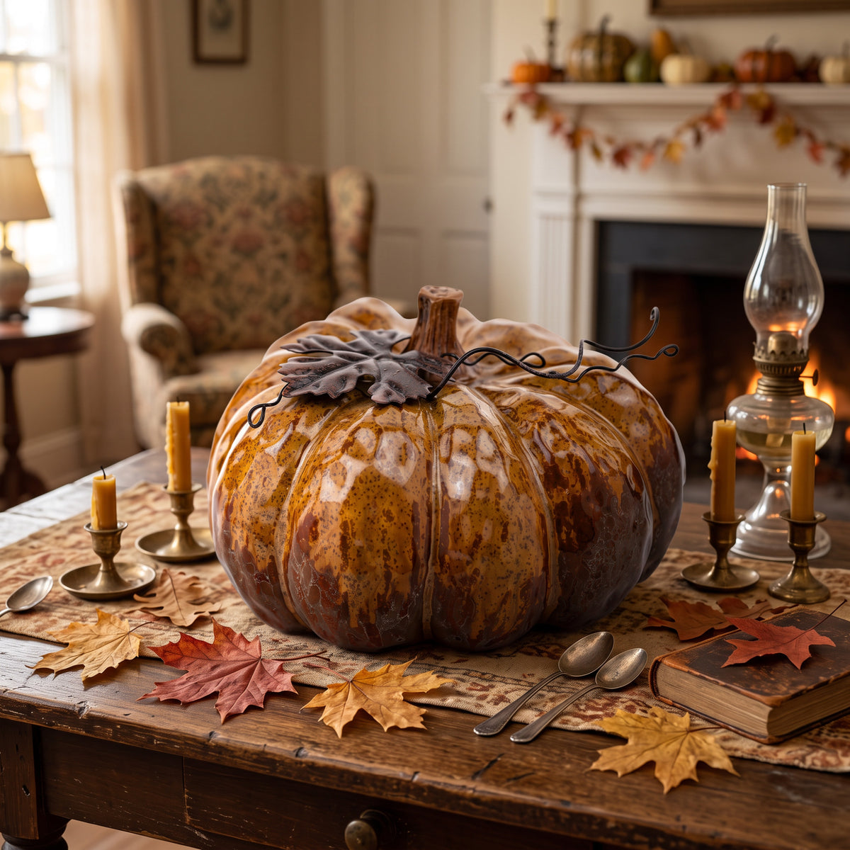 Amber-Brown Decorative Pumpkin - Metal Leaf and Curling Tendrils