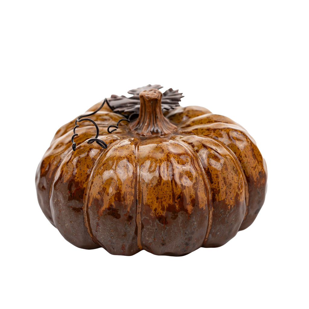 Amber-Brown Decorative Pumpkin - Metal Leaf and Curling Tendrils