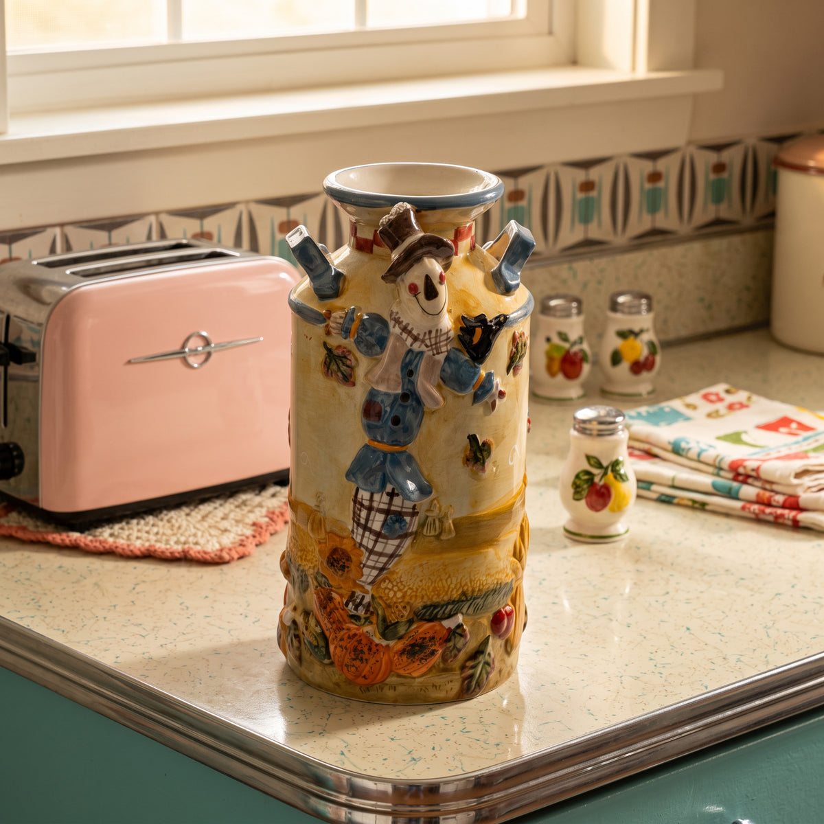 Harvest Scarecrow Ceramic Milk-Can Vase - Blue Handles