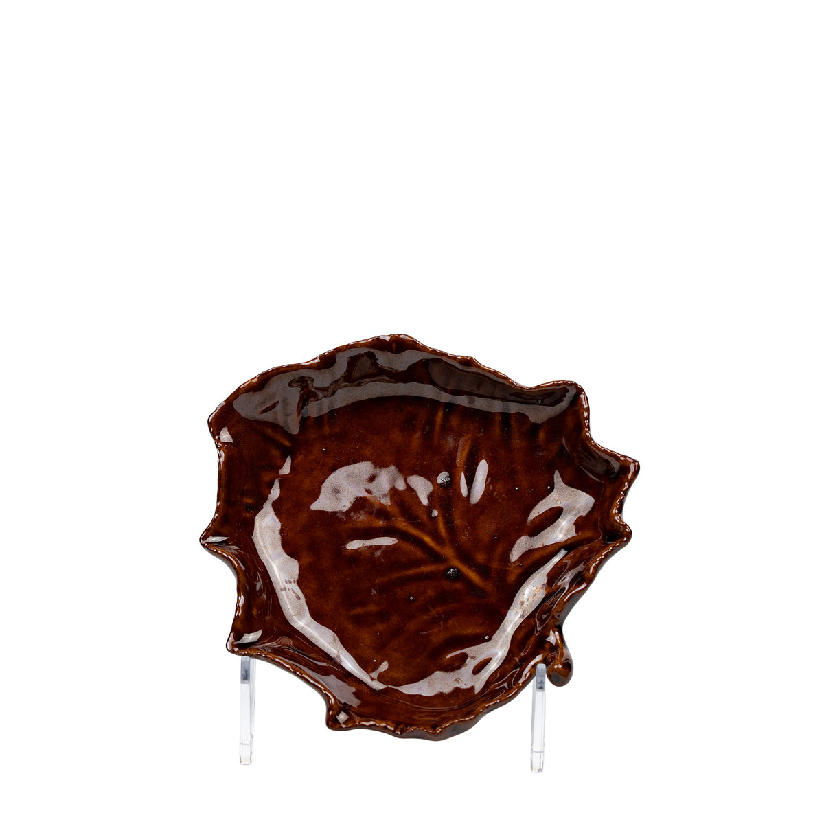 Brown Glazed Ceramic Leaf-Shaped Dish - Raised Vein Detail