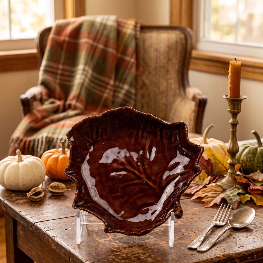Brown Glazed Ceramic Leaf-Shaped Dish - Raised Vein Detail