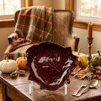 Brown Glazed Ceramic Leaf-Shaped Dish - Raised Vein Detail