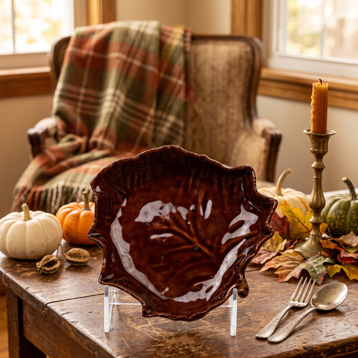 Brown Glazed Ceramic Leaf-Shaped Dish - Raised Vein Detail
