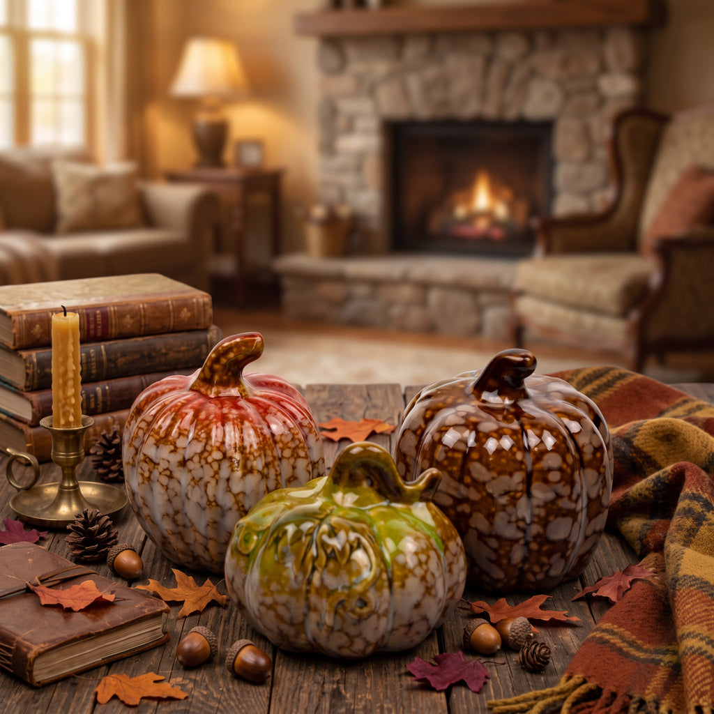 Set of Three Mottled-Glaze Ceramic Pumpkin Decorations