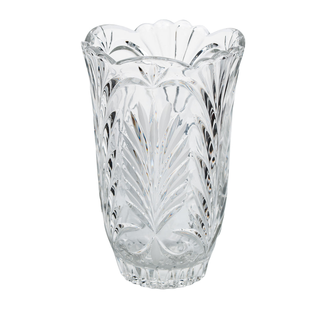 Clear Glass Vase - Scalloped Rim and Fern-Like Decoration