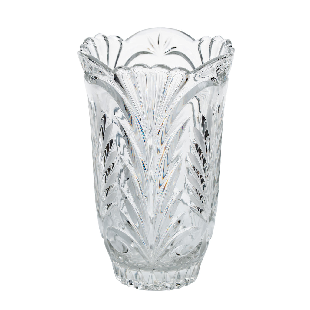 Clear Glass Vase - Scalloped Rim and Fern-Like Decoration