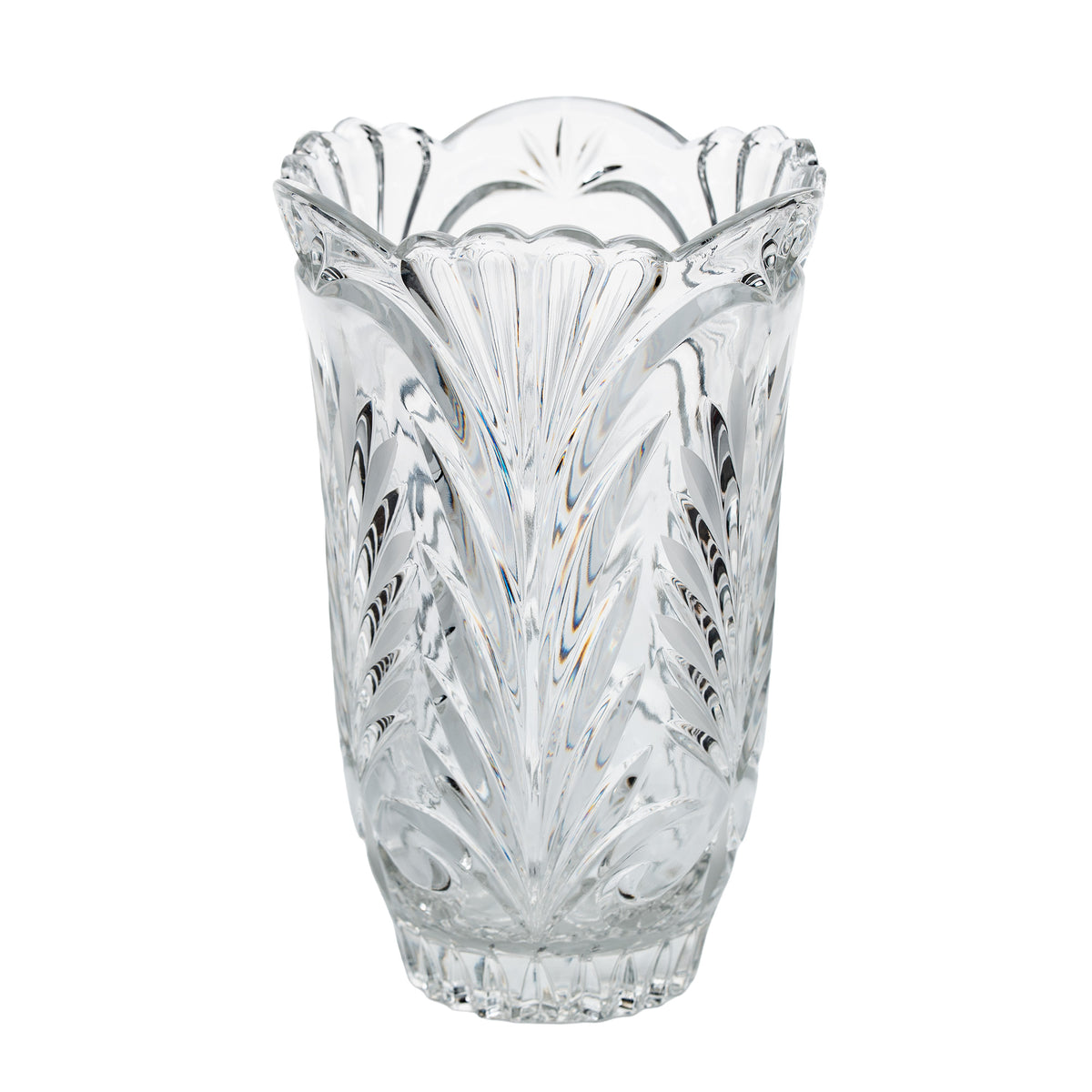 Clear Glass Vase - Scalloped Rim and Fern-Like Decoration