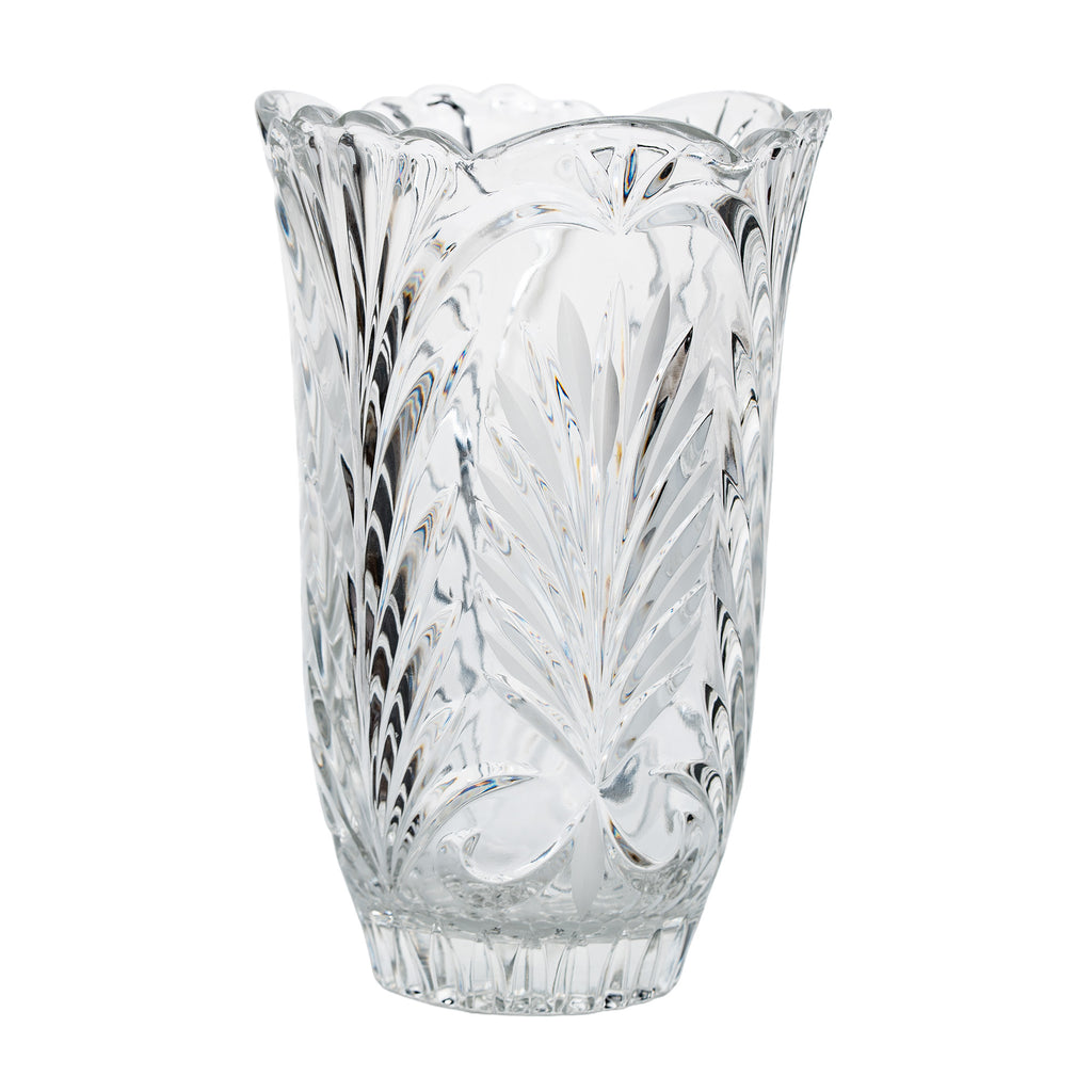 Clear Glass Vase - Scalloped Rim and Fern-Like Decoration
