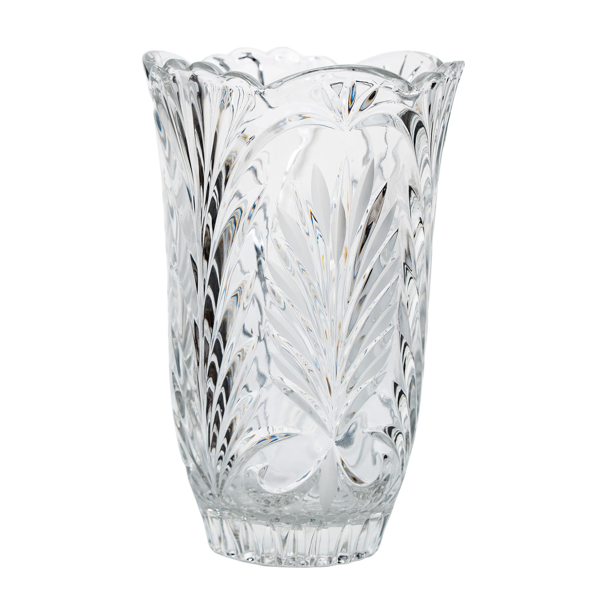 Clear Glass Vase - Scalloped Rim and Fern-Like Decoration