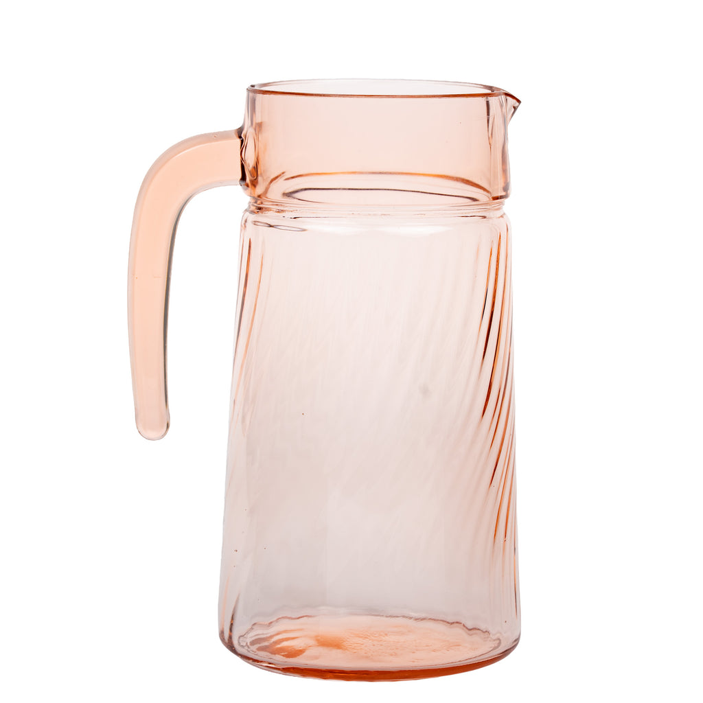 Arcoroc Rosaline Pink Swirl Glass Pitcher - Open-Ended Handle
