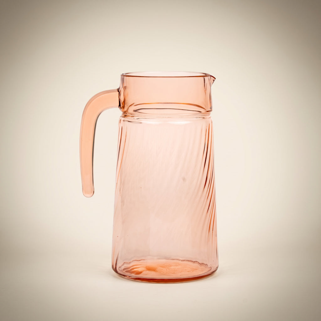 Arcoroc Rosaline Pink Swirl Glass Pitcher - Open-Ended Handle