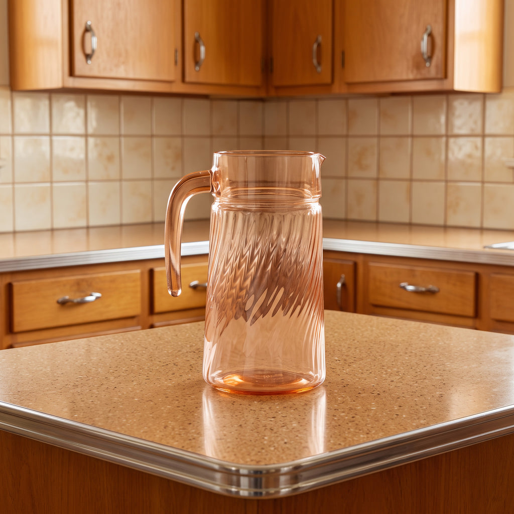 Arcoroc Rosaline Pink Swirl Glass Pitcher - Open-Ended Handle