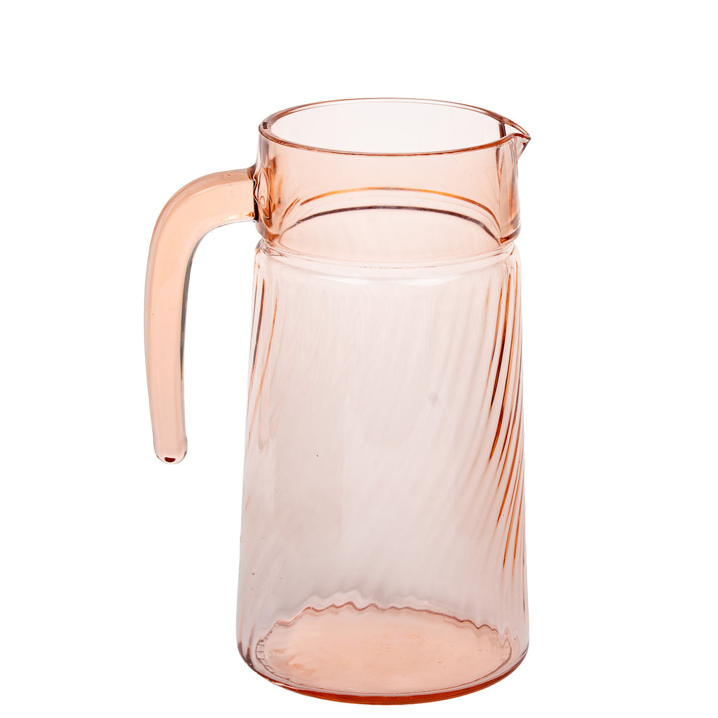 Arcoroc Rosaline Pink Swirl Glass Pitcher - Open-Ended Handle
