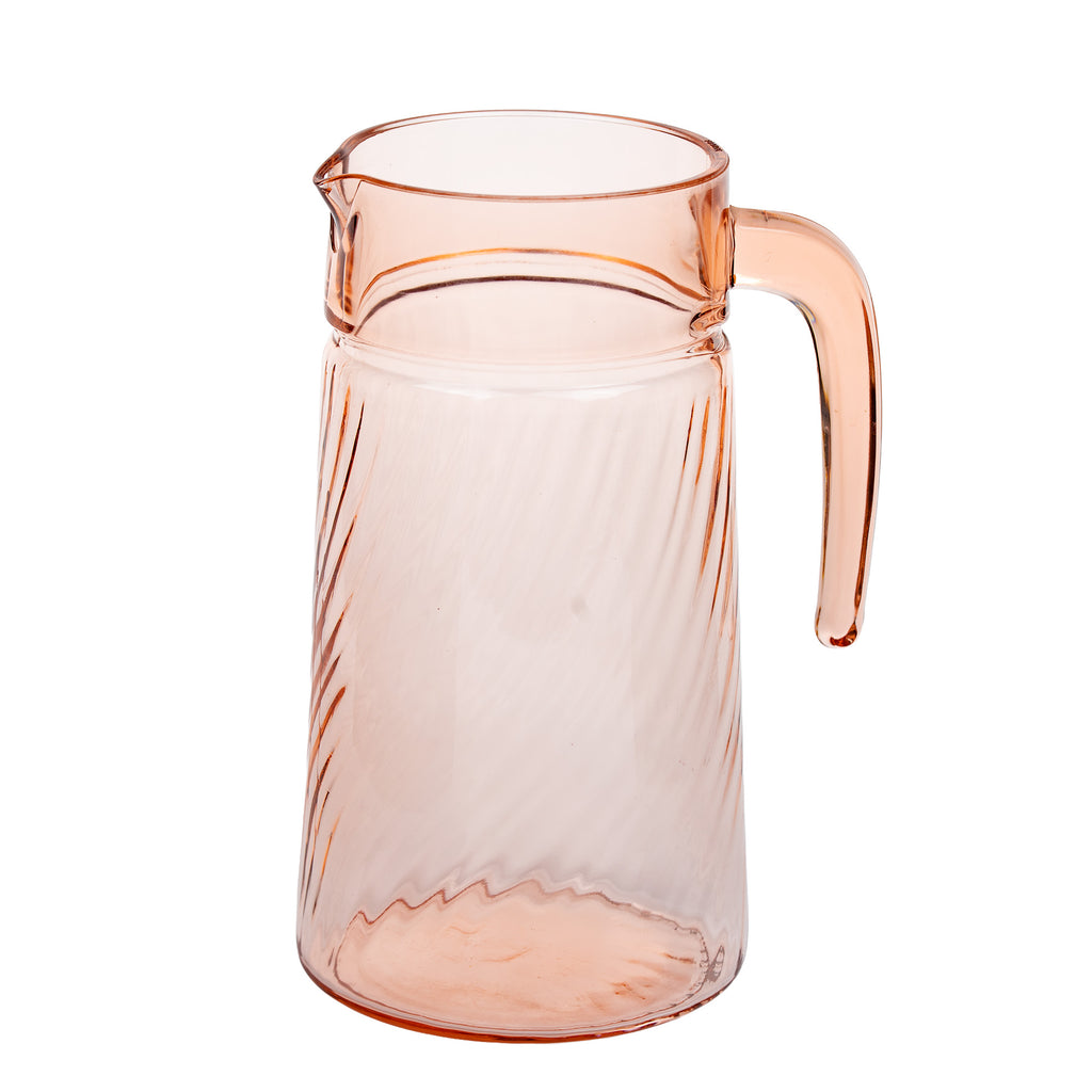 Arcoroc Rosaline Pink Swirl Glass Pitcher - Open-Ended Handle