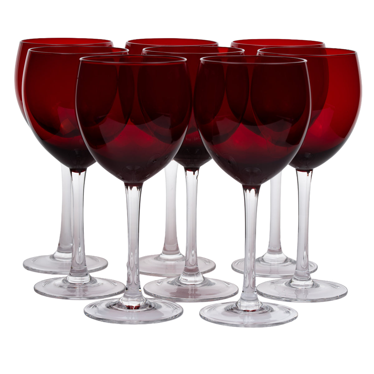 Set of Eight Ruby-Red Wine Glasses - Clear Stems