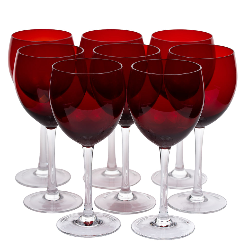 Set of Eight Ruby-Red Wine Glasses - Clear Stems