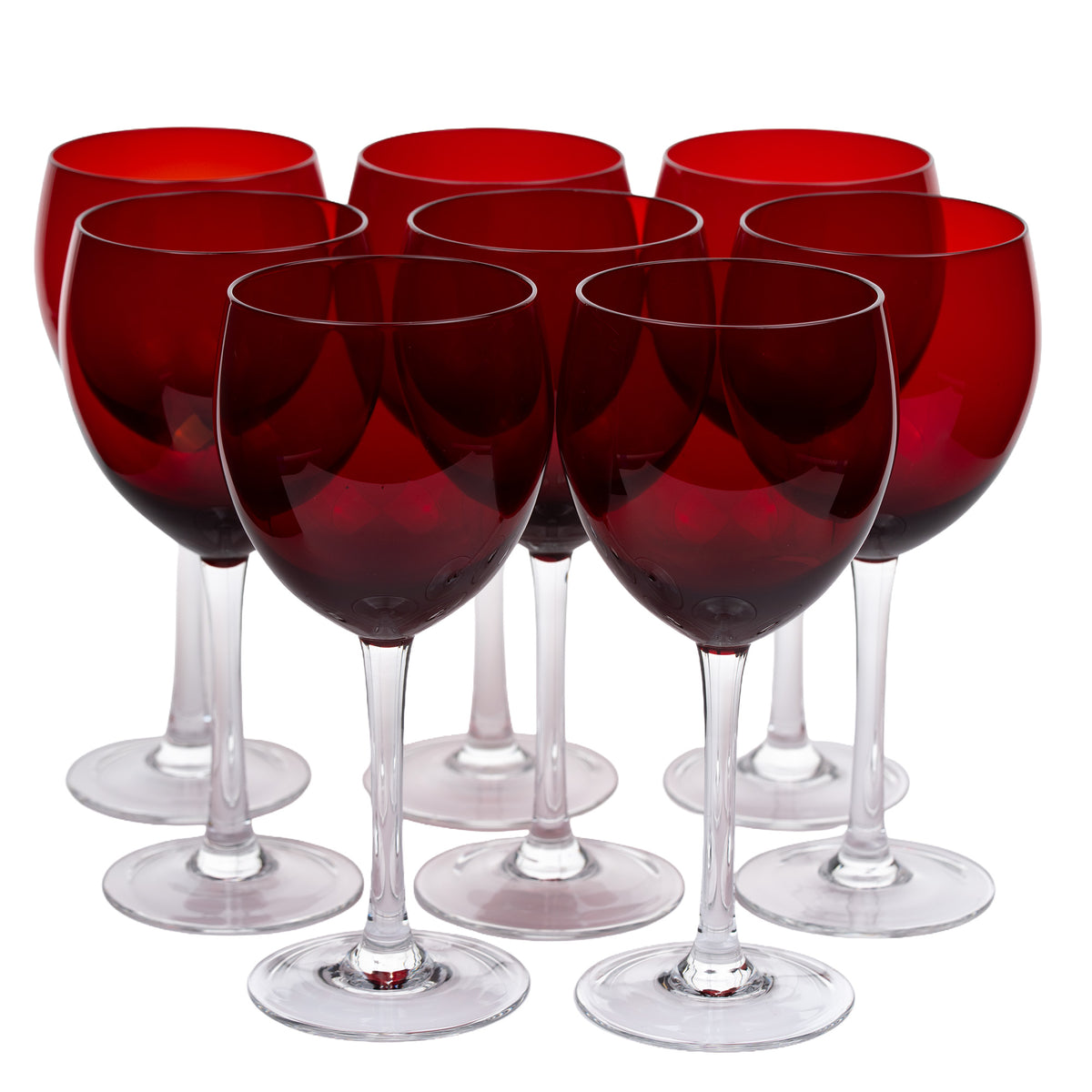 Set of Eight Ruby-Red Wine Glasses - Clear Stems