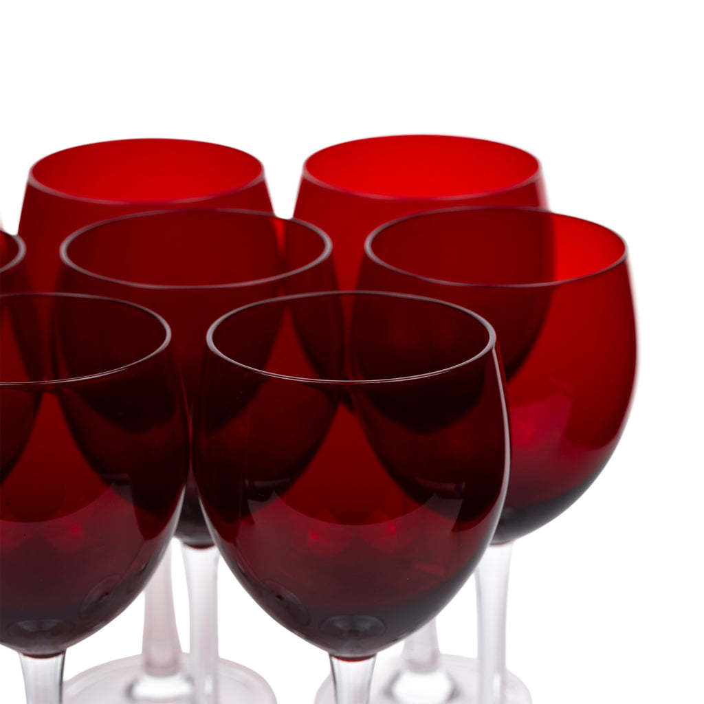 Set of Eight Ruby-Red Wine Glasses - Clear Stems