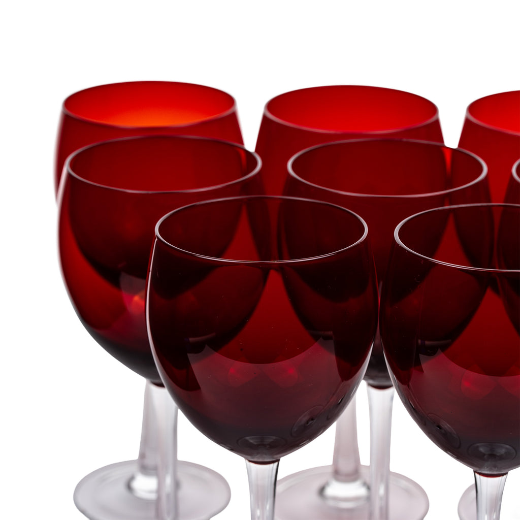 Set of Eight Ruby-Red Wine Glasses - Clear Stems