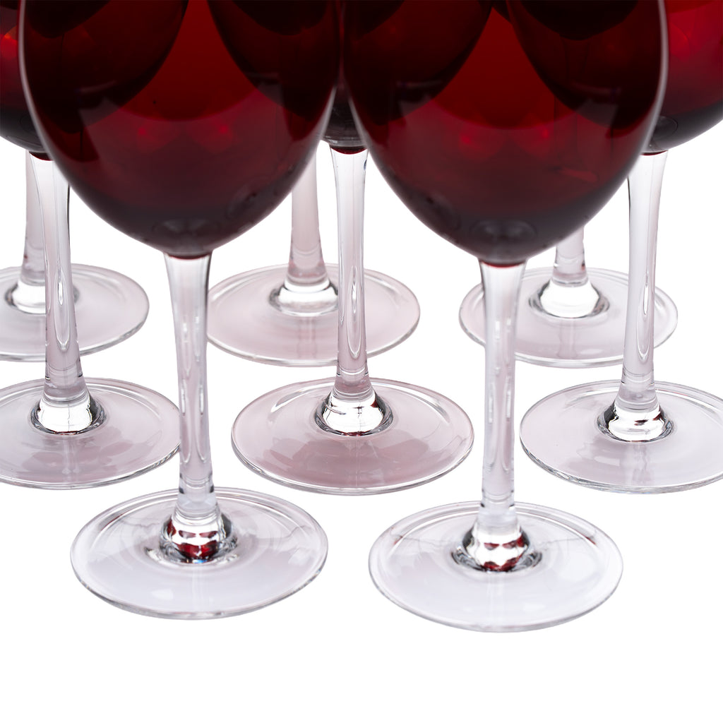 Set of Eight Ruby-Red Wine Glasses - Clear Stems