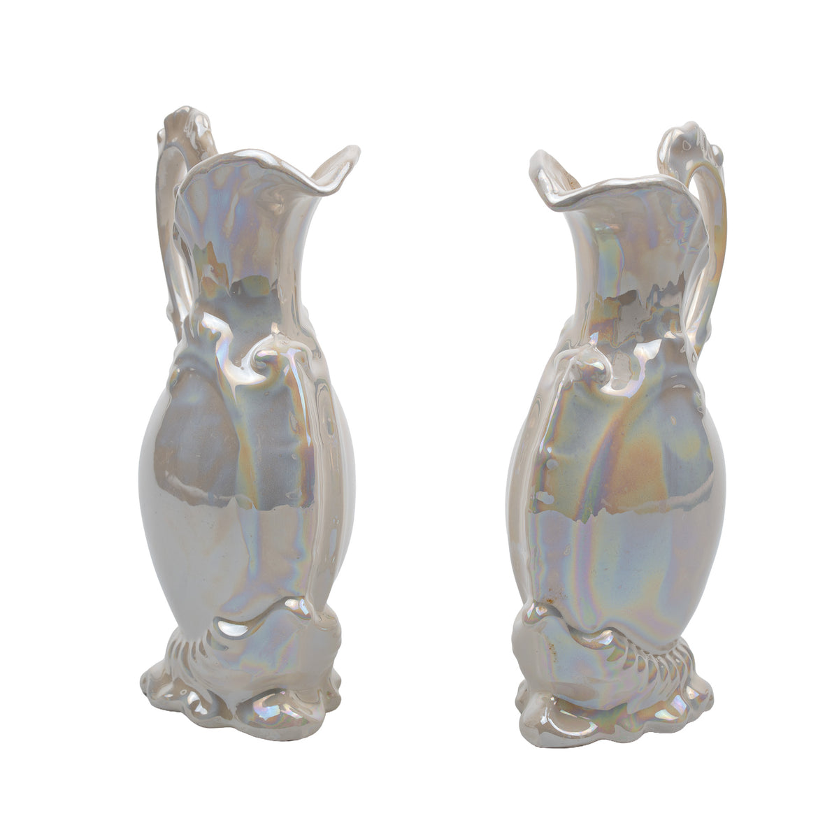 Pair of Iridescent White Ceramic Decorative Ewers - Scroll Handles