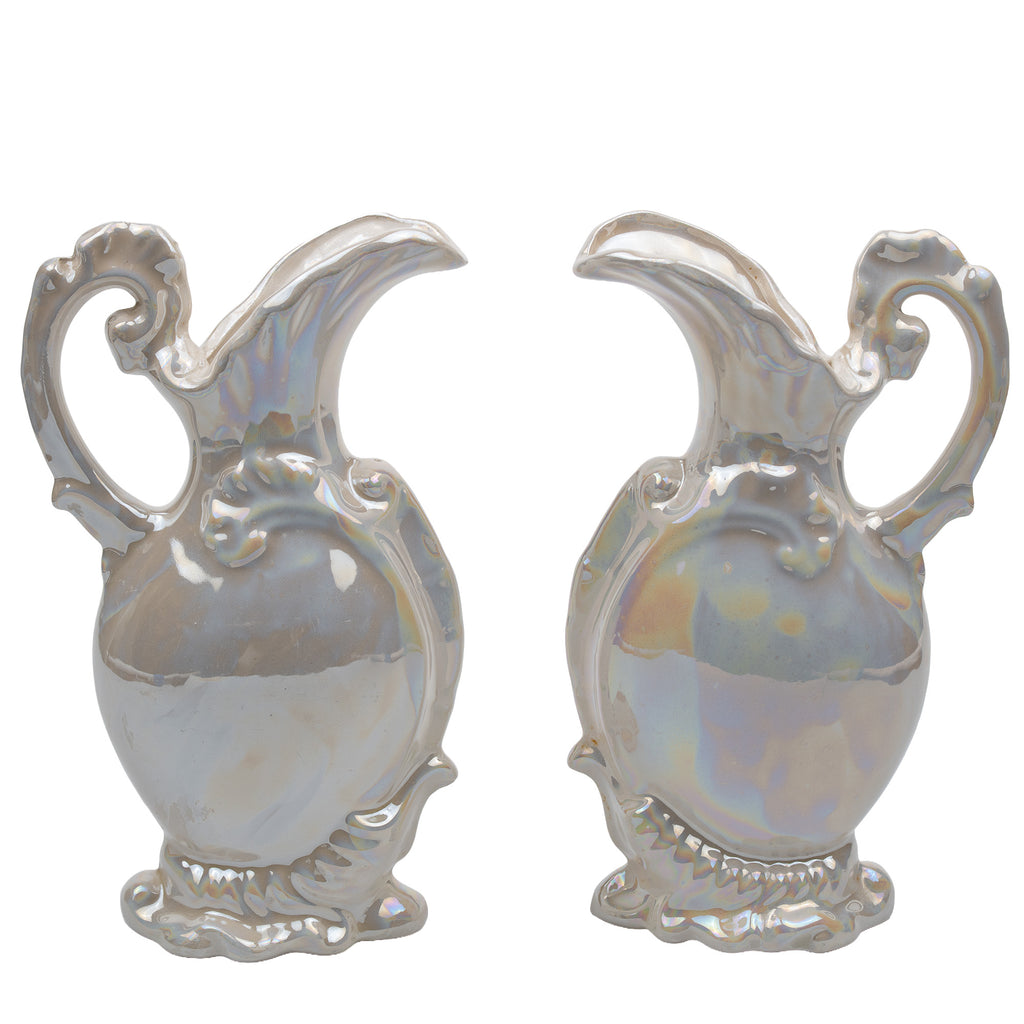 Pair of Iridescent White Ceramic Decorative Ewers - Scroll Handles