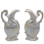 Pair of Iridescent White Ceramic Decorative Ewers - Scroll Handles