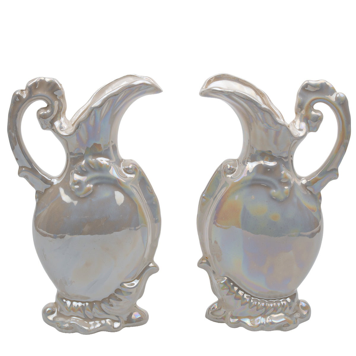 Pair of Iridescent White Ceramic Decorative Ewers - Scroll Handles
