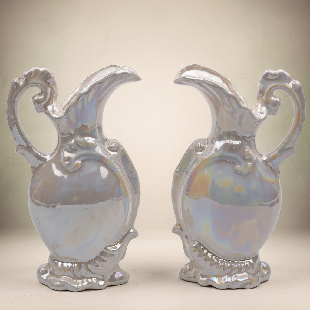 Pair of Iridescent White Ceramic Decorative Ewers - Scroll Handles