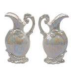Pair of Iridescent White Ceramic Decorative Ewers - Scroll Handles
