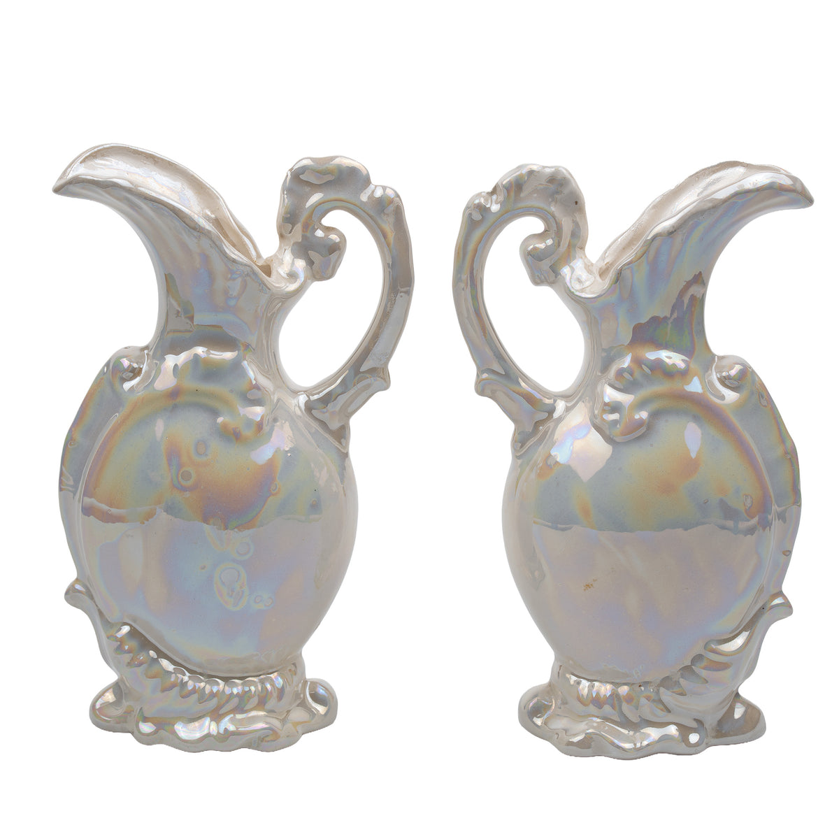 Pair of Iridescent White Ceramic Decorative Ewers - Scroll Handles