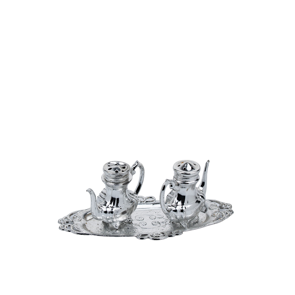 Teapot-Shaped Salt and Pepper Shaker Set - Ornate Oval Tray