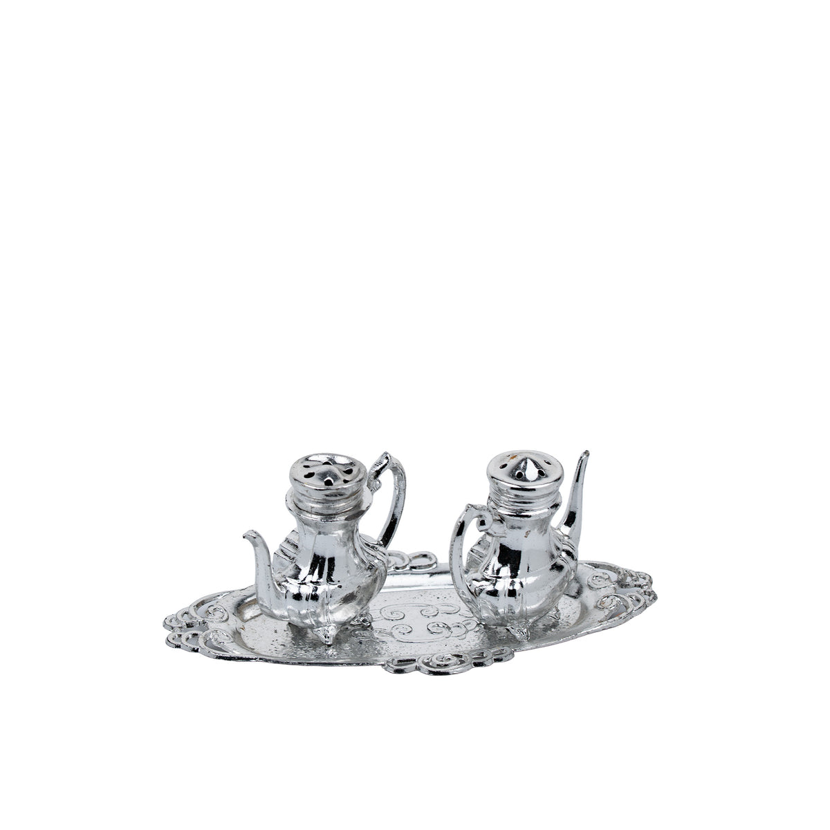 Teapot-Shaped Salt and Pepper Shaker Set - Ornate Oval Tray