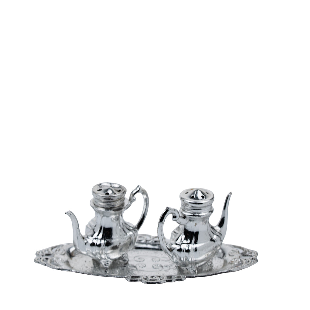 Teapot-Shaped Salt and Pepper Shaker Set - Ornate Oval Tray