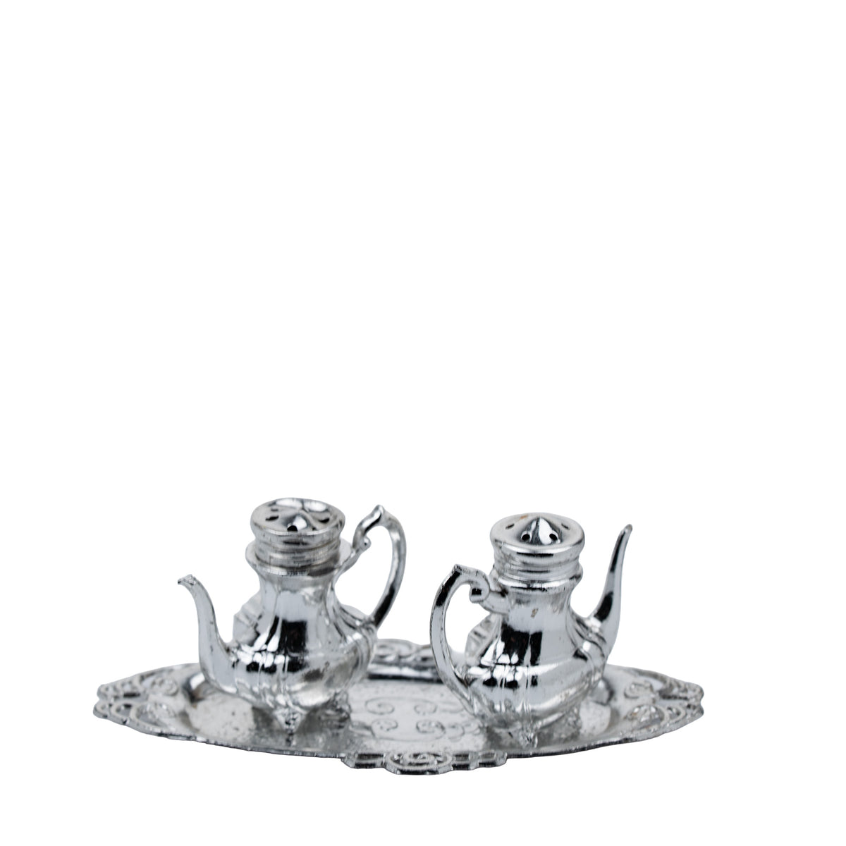 Teapot-Shaped Salt and Pepper Shaker Set - Ornate Oval Tray