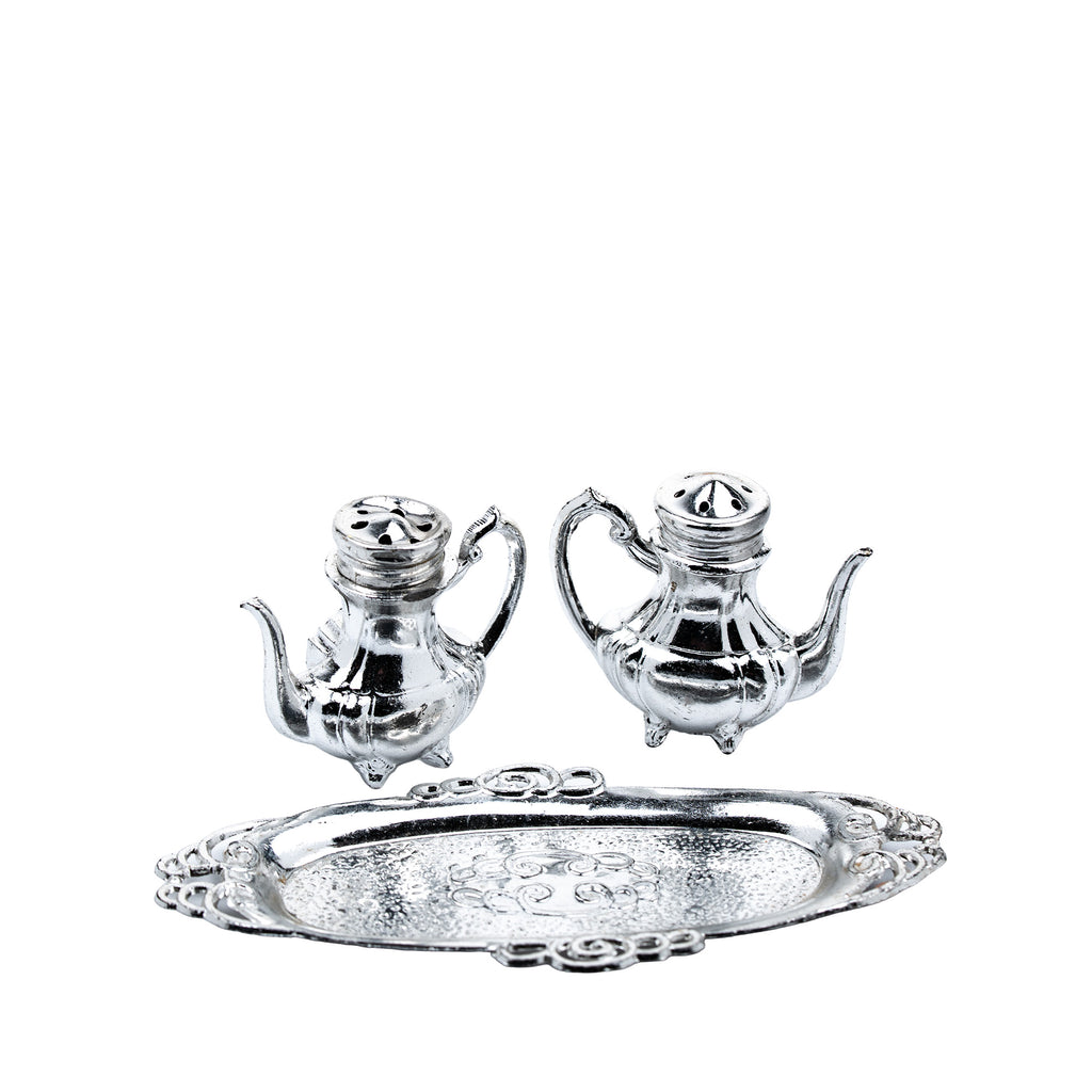 Teapot-Shaped Salt and Pepper Shaker Set - Ornate Oval Tray